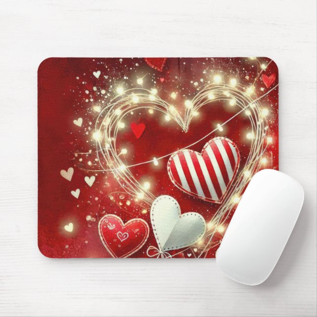 RED AND WHITE VALENTINES DAY HEARTS MOUSE PAD (With Mouse)