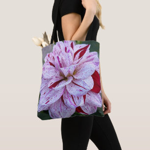 Red and White Variegated Dahlia Bloom Floral Tote Bag