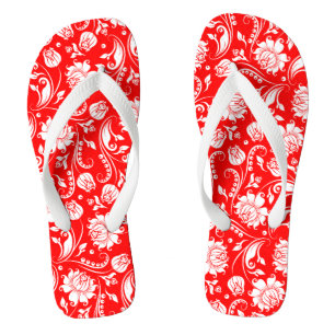 Red And White Vintage Floral Damasks Pattern Jandals