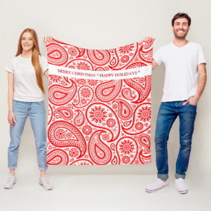 Red and white vintage paisley pattern fleece blanket