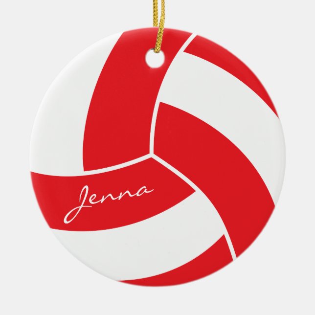 Red and White Volleyball Ceramic Tree Decoration (Front)