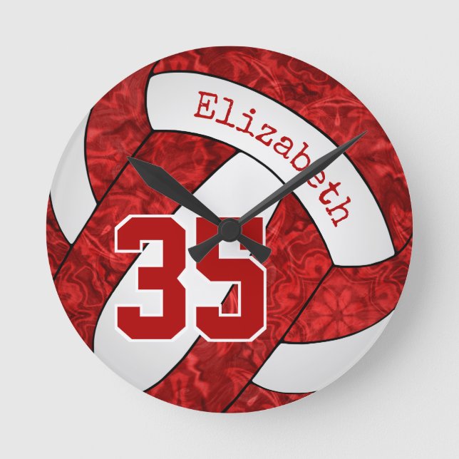 red and white volleyball team colours girls sporty round clock (Front)