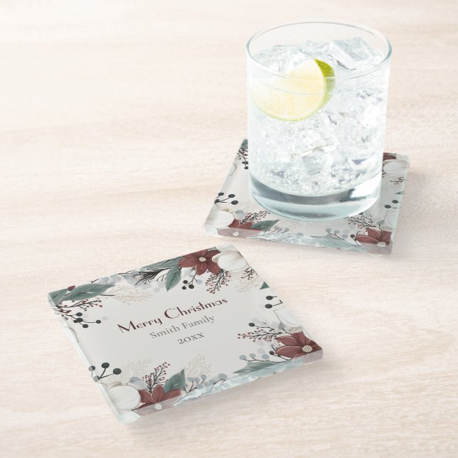 Red And White Watercolour floral Christmas Glass Coaster (Angled)