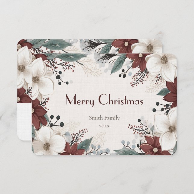 Red And White Watercolour floral Christmas Thank You Card (Front/Back)