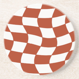 Red and White Wavy Chequerboard Coaster