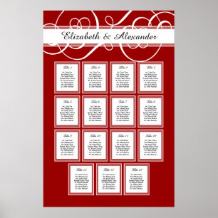 Red and White Wedding 15 Table Seating Chart