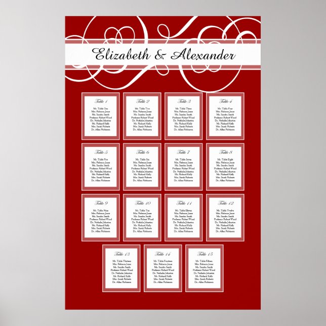 Red and White Wedding 15 Table Seating Chart (Front)