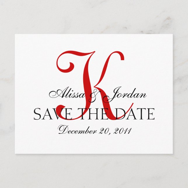 Red and White Wedding Monogram Announcement Card (Front)