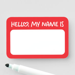 Red and White Whimsical Heart Hello Name Tag