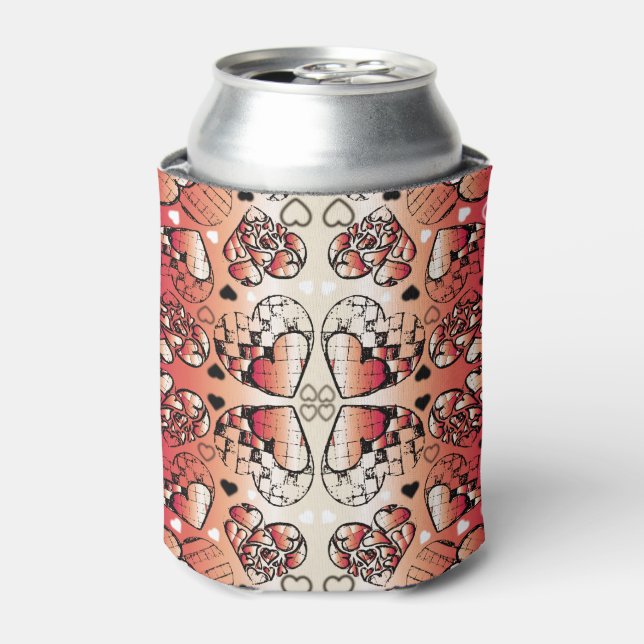 Red and white Whimsical Romantic Hearts pattern Can Cooler (Can Front)