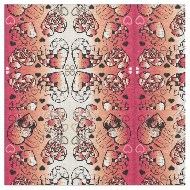 Red and white Whimsical Romantic Hearts pattern Fabric (Close Up)