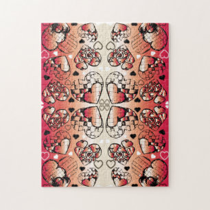 Red and white Whimsical Romantic Hearts pattern Jigsaw Puzzle