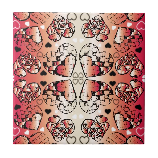 Red and white Whimsical Romantic Hearts pattern Tile (Front)
