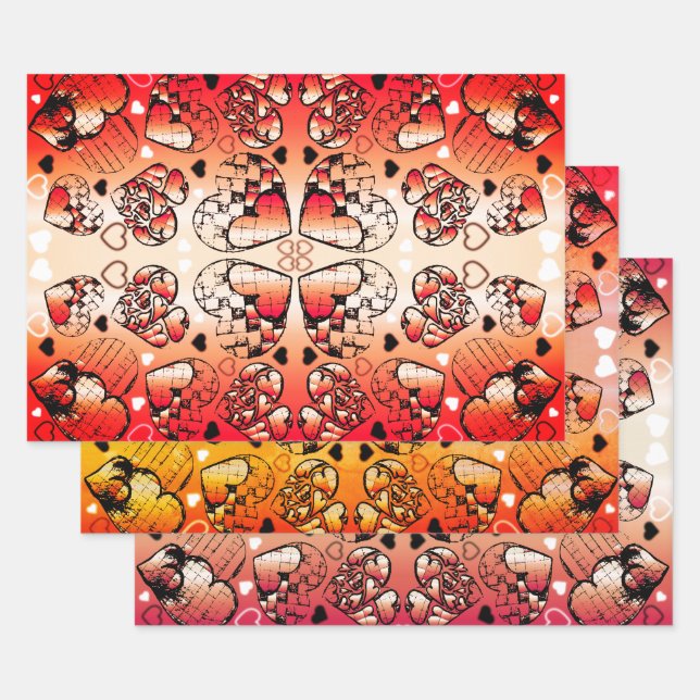 Red and white Whimsical Romantic Hearts pattern Wrapping Paper Sheet (Set)