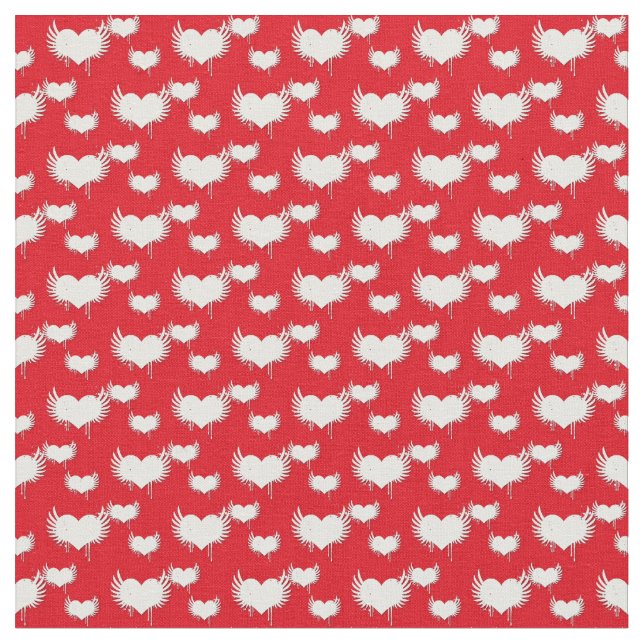 Red and White Winged Hearts Pattern Fabric (Close Up)