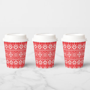 Red and White Winter Fair Isle Christmas Paper Cups