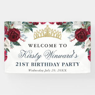 Red and White Winter Flowers Birthday Banner