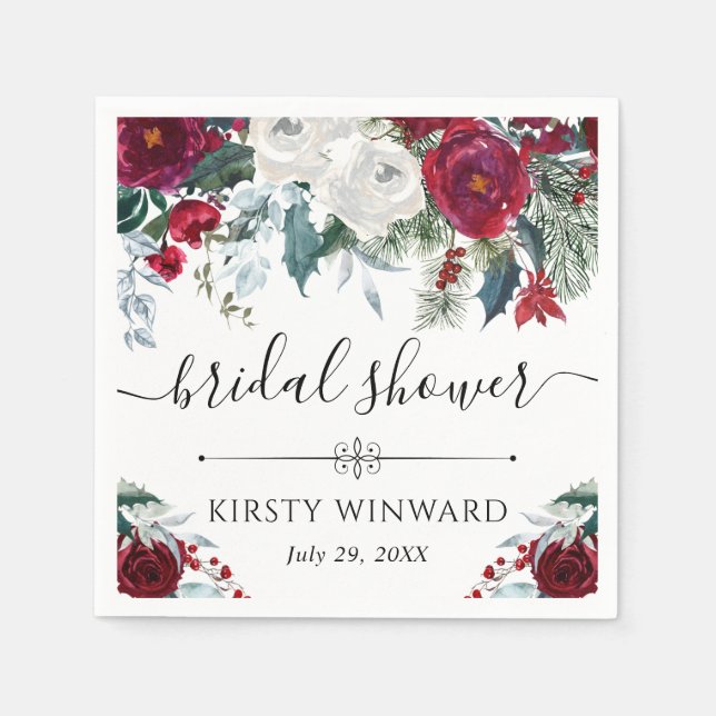Red and White Winter Flowers Bridal Shower Napkin (Front)