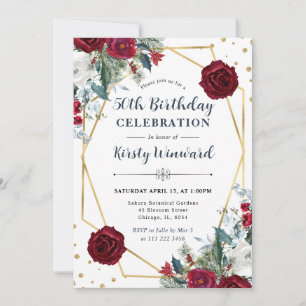Red and White Winter Flowers Frame 50th Birthday Invitation