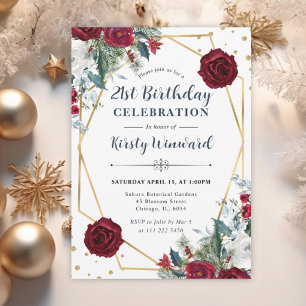 Red and White Winter Flowers Frame Birthday Invitation