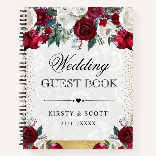 Red and White Winter Flowers Guest Book (Front)