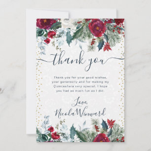 Red and White Winter Flowers Quinceanera Thank You Card