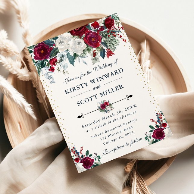 Red and White Winter Flowers Wedding Invitation (Creator Uploaded)