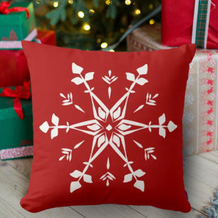 Red and White Winter Snowflake Cushion