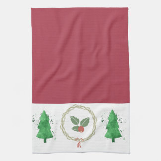 Red and white with Christmas holly and trees Tea Towel