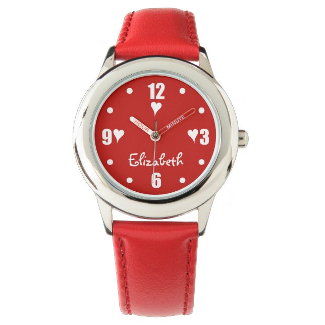 Red and white with hearts and name kids watch (Front)