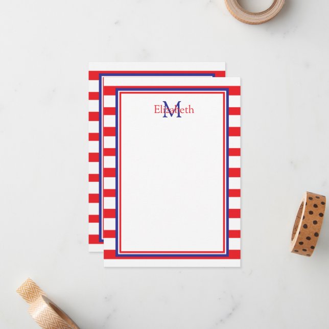 Red and White With Navy Blue Stripes Monogram Card (Front/Back In Situ)