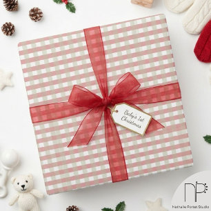 Red and White Xmas Gingham Pattern Baby Shower Wrapping Paper