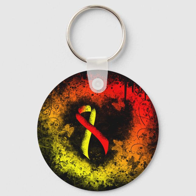 Red and Yellow Awareness Ribbon Grunge Heart Key Ring (Front)