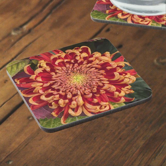 Red and Yellow Chrysanthemum Floral Coaster (In Situ)