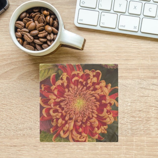 Red and Yellow Chrysanthemum Floral Stone Coaster (In Situ)
