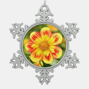 Red and yellow dahlia flower snowflake pewter christmas ornament