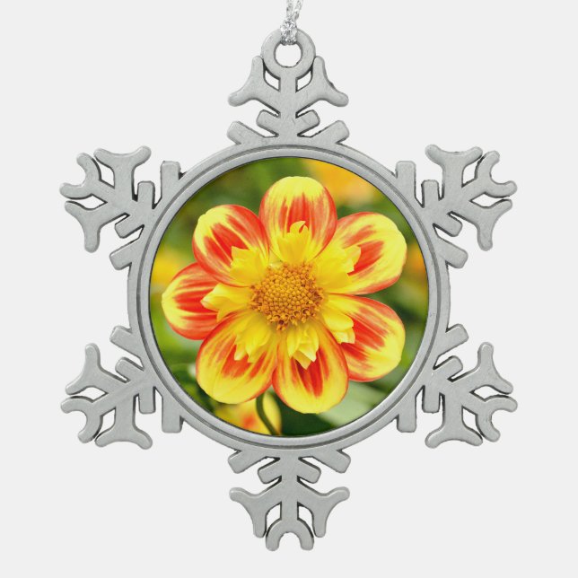 Red and yellow dahlia flower snowflake pewter christmas ornament (Front)