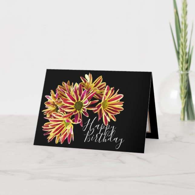 Red and Yellow Daisies Black Background Card (Front)