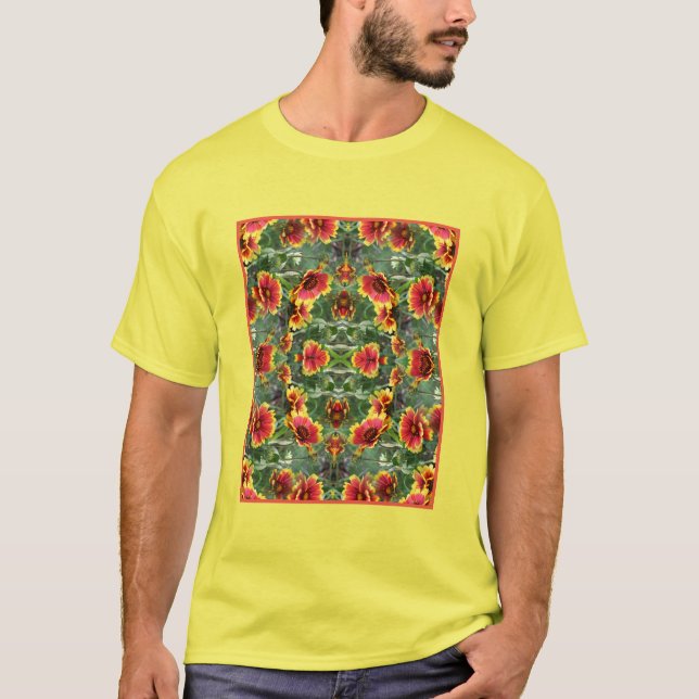 Red And Yellow Daisy Flowers Abstract  T-Shirt (Front)