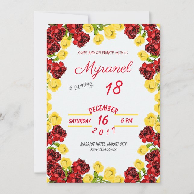 Red and Yellow floral birthday invitation (Front)