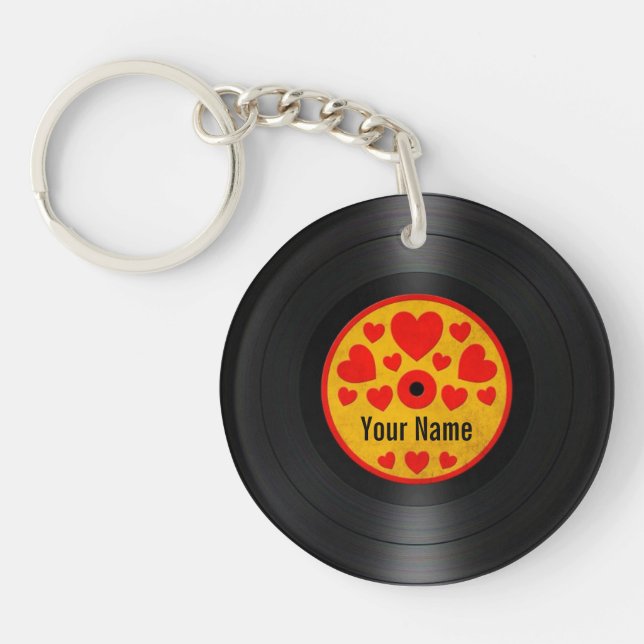 Red and Yellow Hearts Personalised Vinyl Record Key Ring (Front)