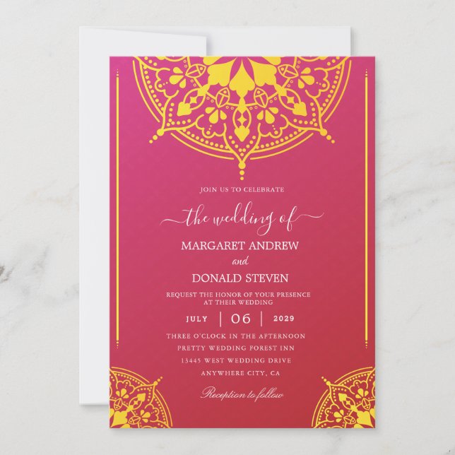 red and yellow indian wedding invitation (Front)