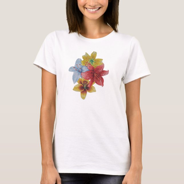 Red and yellow Lily flowers floral art T-Shirt (Front)