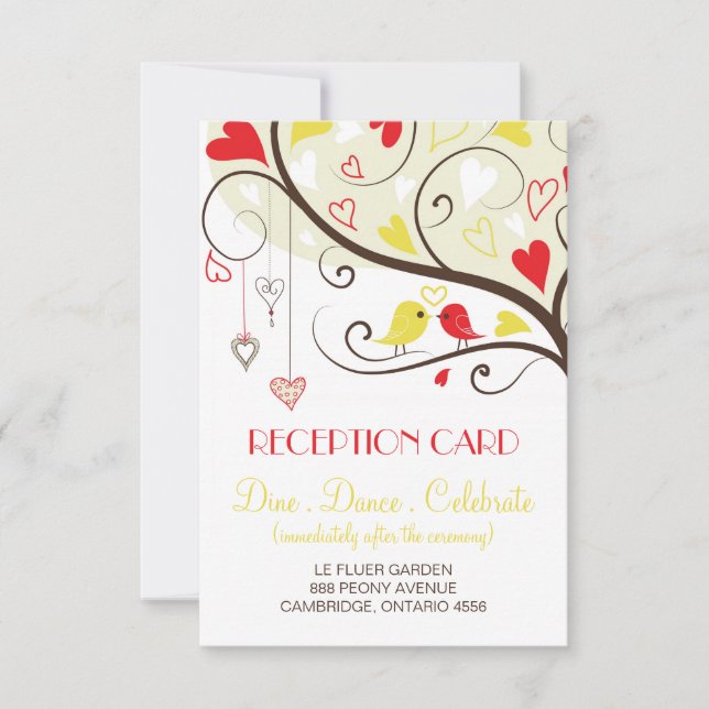 Red and Yellow Lovebirds Reception Card Invites (Front)