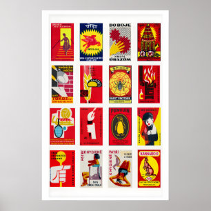 Red and Yellow Matchbox Label Collage, bold colour Poster