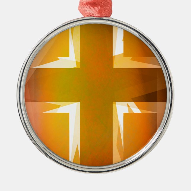 Red and yellow religious cross metal tree decoration (Front)