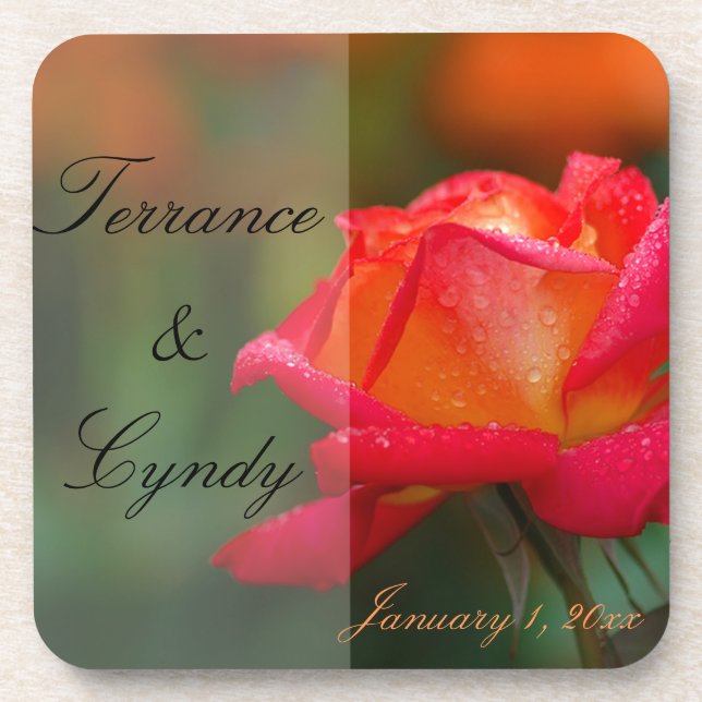 Red and Yellow Rose Personal Wedding Coaster (Front)
