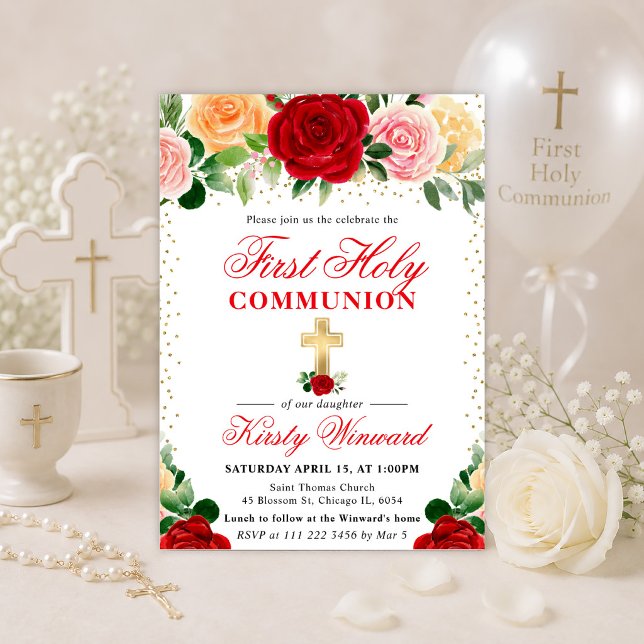 Red and Yellow Roses First Holy Communion Invitation (Creator Uploaded)