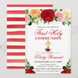 Red and Yellow Roses First Holy Communion Invitation