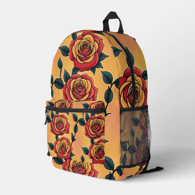 Red And Yellow Roses Printed Backpack (Back Corner Right)